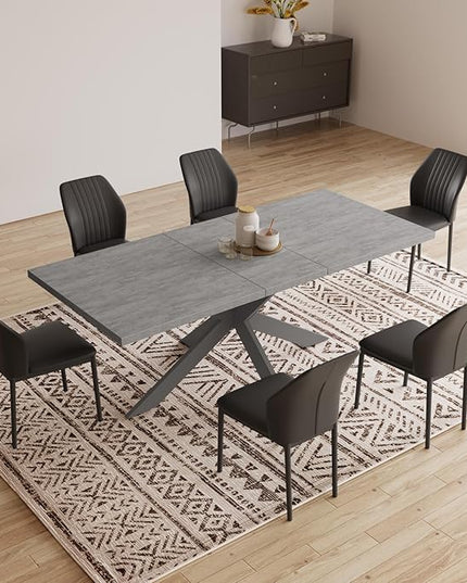ZckyCine 6-8 Person Modern Rectangular Dining Table Set, 51-67 Inch Expandable Space-Saving Metal Frame Dining Table with Gray Table and 6 Black Chairs for Kitchen or Dining Room