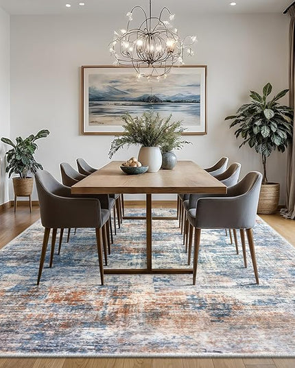 IOHOUZE Abstract Area Rugs 8x10 Ft Washable Large Rugs for Living Room, Non Slip Dining Room Rug, Printed Faux Wool Rugs for Bedroom, Floor Carpet for Office Nursery Playroom, Blue Rust