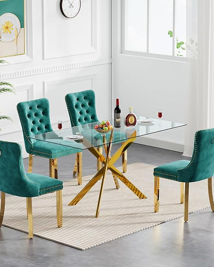 51" Glass Dining Table Set for 4, Modern Dining Room Table Set for 4, Gold X-Shape Pedestal Glass Table with 4pcs Green Dining Chairs, 5 Piece Dining Set for Dining Living Room