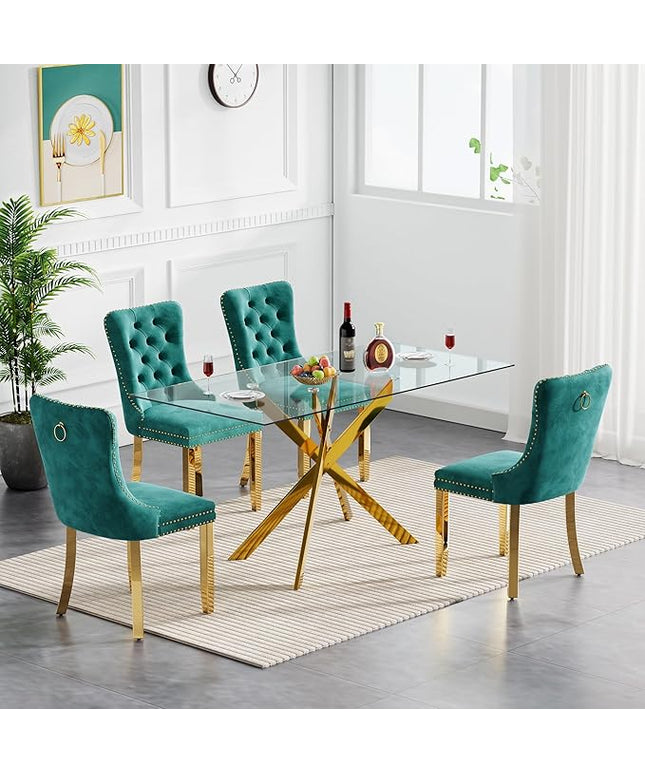 5 Piece Dining Table Set for 4, 51in Glass Dining Table Set with 4 Upholstered Dining Chairs, Green Tufted Chair & Dining Room Table Set w/Metal Legs, Gold Glass Kitchen Table and Chair Set for 4