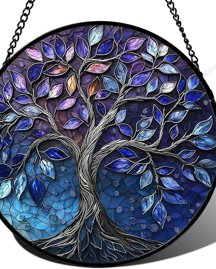 Stained Glass Window Hanging, Blue Purple Tree of Life Sun Catchers Colorful Glass Panel Plants Suncatcher Decor for Birthday for Women,Men,Wife, Lovers, and Mom 14.9x14.9 in