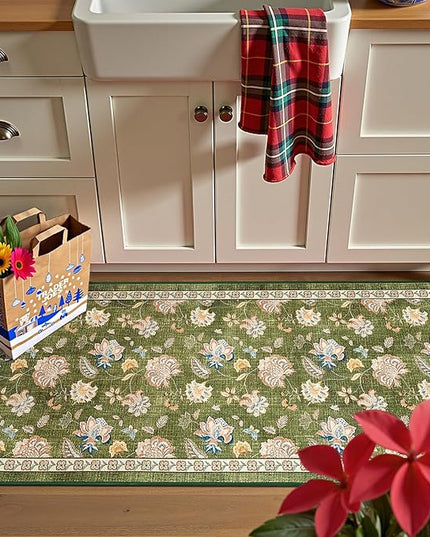 jinchan Elora 2x5 Floral Runner Rug for Hallway Washable Runner Vintage Romance Christmas Design Non Slip Thin Indoor Floor Cover Low-Profile Throw Carpet for Entryway Bathroom Bedroom Porch, Green