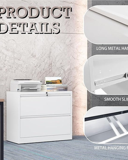 2 Drawer Lateral File Cabinet with Lock, File Cabinet, Metal Lateral Filing Cabinets for Home Office, File Storage Cabinet for Legal/Letter/A4 Documents, Assembly Required (White, 35'W)