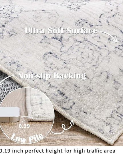 jinchan 5x7 Ivory Area Rugs for Living Room – Machine Washable Vintage Floral Soft Stain Resistant Low Pile Rug, Non Slip Ultra-Thin Carpet for Bedroom Dining Room Home Office Nursery (5'x7', Ivory)