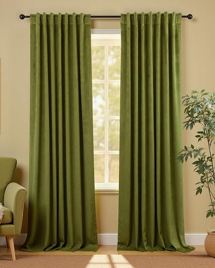 KOUFALL Velvet Curtains 90 Inch Long,Pretty Decorative Blackout Not Pinch Pleated Rod Pocket Crushed Velour Retro Green Mid Century Modern Victorian Curtains for Living Room Bedroom