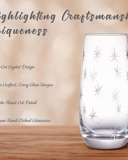 SHOSHIN Hand-Cut Highball Glasses – 17 oz Set of 4, Premium Lead-Free Crystal Drinking Glasses with Star Pattern, Ideal for Water, Collins Cocktails, and More, Dishwasher Safe