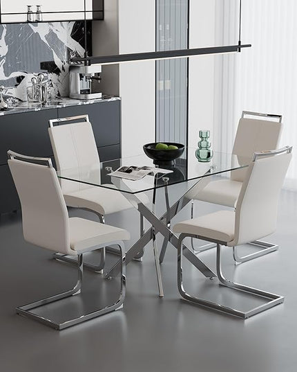 5 Piece Dining Table Table Set, Modern Tempered Glass Dining Table Set for 4 Kitchen Table Set with 4 Upholstered Chairs for Kitchen Dining Room (Sliver Table with White Chairs)
