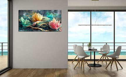 GUGIKA Lotus Flower Wall Art for Living Room, Floral Canvas Wall Decor for Bedroom, Teal Vintage Print Painting, Colorful Artwork for Home, Aesthetic Picture Decoration, Size 40x20