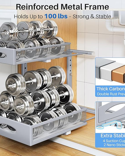 Under Sink Organizer, 2 Tier Pull Out Under Cabinet Organizer Shelf with Pad for Framed Cabinets, Metal Slide Out Under Sink Storage, Mesh Sliding Drawers for Kitchen Bathroom Laundry(Grey, 1 Pack)