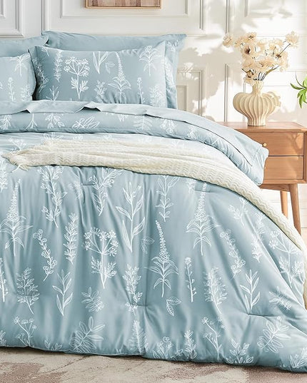 MUXHOMO Mineral Blue Bed in a Bag King 7 Pieces, King Comforter Set Reversible Botanical Flowers Design, Ultra Soft & Breathable Bedding Sets with Comforter, Sheets, Pillowcases & Shams