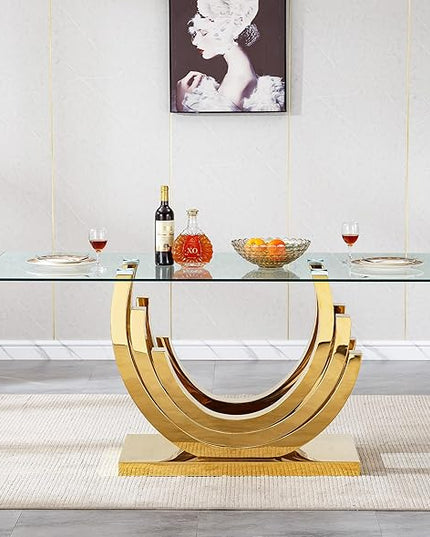 Goujxcy 70" Modern Glass Dining Table for 6-8, Luxury Gold Glass Dining Room Table with Mirrored Ring-Shape Stainless Steel Base, Rectangle Kitchen Dinner Tables for Dining Room Kitchen
