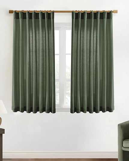 XTMYI Short Curtains for Bathroom Window,Dark Olive Green Boho Bathroom Decor Shower,Sheer Linen Kitchen Curtains,45 Inch Length
