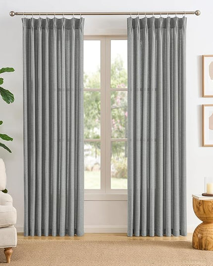 RAIN CITY Grey Linen Curtains 86 Inch Length 2 Panels, Soft Thick Linen Textured Window Drapes for Bedroom Living Room Semi Sheer Light Filtering Back Tab Pinch Pleated with Hooks 50x86