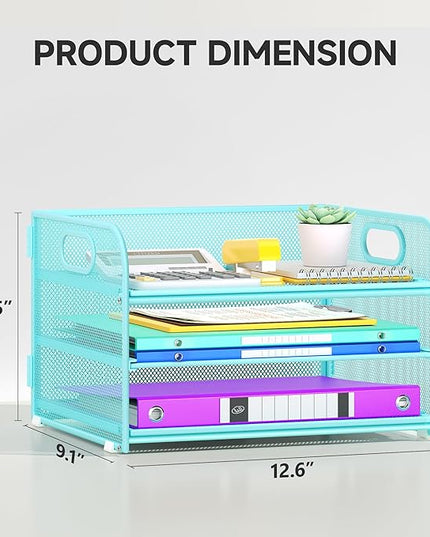 3 Tier Paper Organizer with Handle, Metal Desk Organizer Mesh Paper Letter Tray Desktop File Folder Document Sorter for Classroom, School, Office Accessories Organization and Storage - Blue