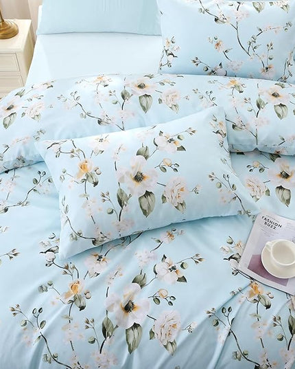 MUXHOMO Ceiba Blue Full Comforter Set, Elegant Floral Print Bed in a Bag 7 Pieces, Ultra Soft & Breathable Reversible Botanical Pattern Bedding Set with Comforter, Sheets, Pillowcases, and Shams
