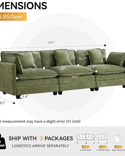 111'' Sectional Cloud Deep Seat Couch, Modern Comfy Chenille Modular Sectional Sofa for Living Room Set, Upholstered Modular 3-Seats Sofa Couch, Green