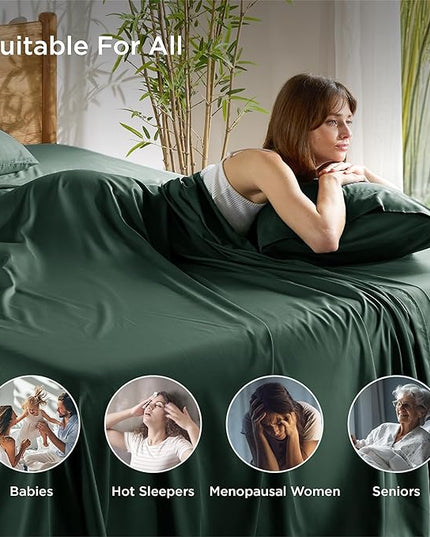 Bedsure Queen Sheet Set, Rayon Derived from Bamboo, Cooling Sheets, Breathable & Soft, Deep Pocket Up to 16 Inches, Hotel Luxury Silky Bedding for Hot Sleepers, Forest Green