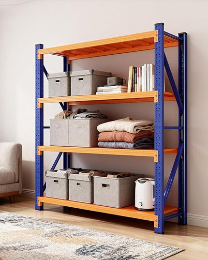 79" H Garage Shelving,4200 LBS Heavy Duty Storage Rack,4 Tiers Metal Storage Rack Shelf, Adjustable Shelving Unit for Garage,Kitchen,Warehouse,Basement,78.7" H x 59" W x 23.6" D,Blue&Orange