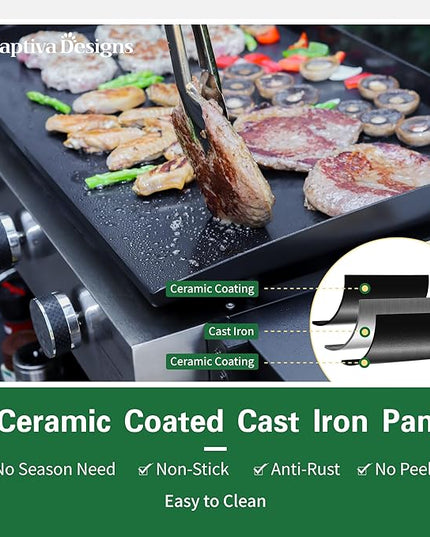 Captiva Designs 22 in Flat Top Grill with Ceramic Coated Cast Iron Pan, Portable Tabletop Propane Gas Griddle Grill for Camping, Outdoor & Tailgating Barbecue, 24,000 BTU Output, 3 Burners