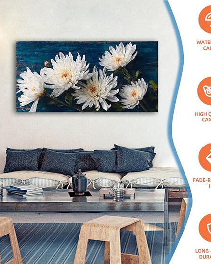 HUADAOART White Chrysanthemum Canvas Wall Art 48 x 24 inches Navy Blue Background Contemporary Floral Print Living Room Decor