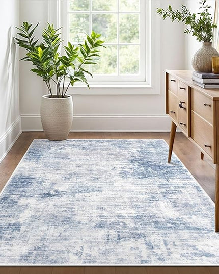 IOHOUZE Abstract Area Rug 4x6 Ft Washable Rugs for Entryway Indoor, Non Slip Small Living Room Rugs Printed Faux Wool Throw Rug, Floor Carpet for Kitchen Nursery Playroom, Light Blue White