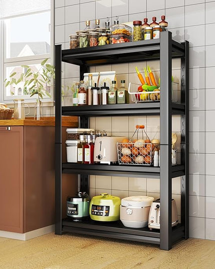 63''Storage Shelves, 4-Tier Garage Metal Shelving Unit, Adjustable, Double-Layer Column with Reinforced Ribs, Heavy-Duty, Capable of Bearing 2400 lbs Suitable for Garage, Warehouse, Kitchen Storage