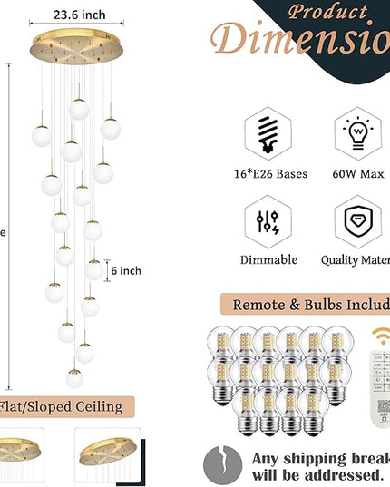 KoKo&Yukina 16-Light Gold Mid Century Modern Chandelier for Living Room Staircase Chandelier for Entryway Globe Milky White Glass Pendant Light High Ceiling Chandeliers Foyer (Bulb & Remote Incl.)