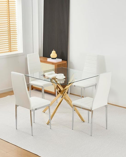 36" Square Glass Dining Table Modern Kitchen Glass Top Table for 4 with Gold Chrome Metal Legs, Clear Dining Table Kitchen Table for Home Office Dining Room