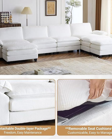 VINGLI 156" Cloud Corduroy Sectional Sofa, Comfy L-Shaped Extra Deep Seat Sofa Couch for Living Room,Modern 4-Seat Convertible Loveseat Sofa with Three Ottomans for Small Space(White)