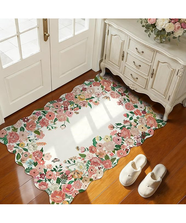 Wonnitar Washable Area Rug 3x5, Soft Camellia Floral Pink Rugs for Bedroom Living Room, Non Slip French Scalloped Flower Nursery Rug Throw Carpet for Kids Room Decor Bedside Entryway (Pink,3'x5')