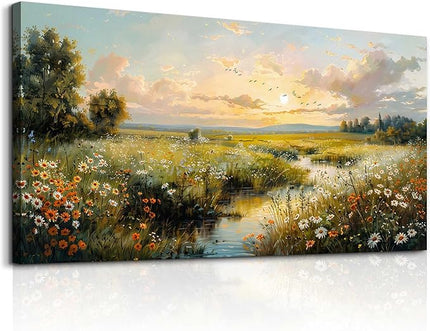 XIGUANGART Rustic Landscape Wall Art Canvas Prints Nature River Meadow flowers Wall Decor Sunset Pastoral Abstract Pictures Modern Artwork for Living Room Bedroom Kitchen Office Large Home Decorations