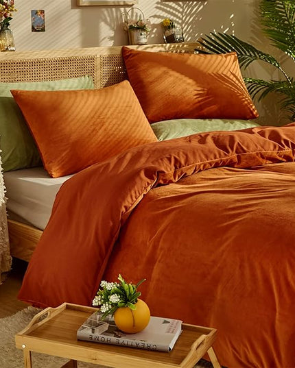 Houseri Burnt Orange Velvet Comforter Set King Rust Comforter Fluffy Bedding Sets Brick Red Comforter Micromink Sherpa Comforter Set Flannel Fuzzy Bed Blanket Rust Red Terracotta Comforter King Size