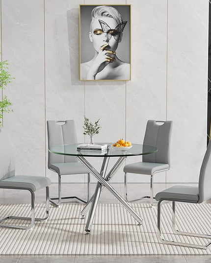HomVent Round Glass Dining Table Set for 4, 5-Piece Modern Kitchen Table Set with 4 PU Upholstered Chair for Kitchen Dining Room, Glass Dining Room Table Set