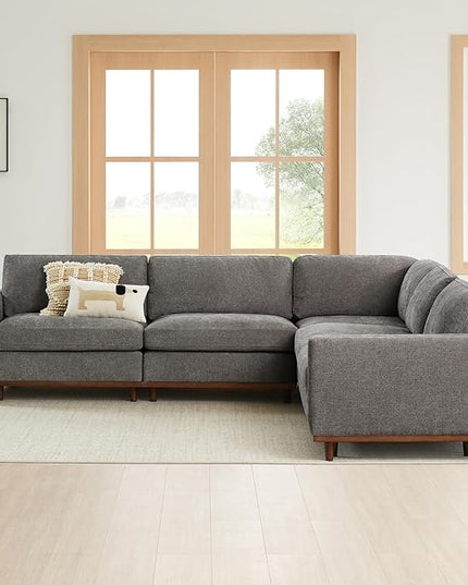 CHITA Super Large Luxury V Shape Corner Sectional Modular Sofa Set, Down Filled Modern Sofa, Deep Seat Cloud Couch, 114 inch Width, 5 Seat Couch with Chaise, Solid Wood Leg, Grey