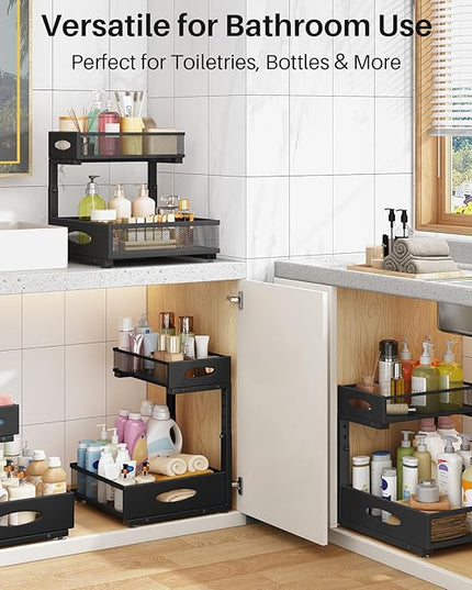 Under Sink Organizer, 2 Pack 2 Tier Pull Out Under Cabinet Organizer Shelf with Pad for Framed Cabinets, Metal Slide Out Under Sink Storage, Mesh Sliding Drawers for Kitchen Bathroom Laundry, Black