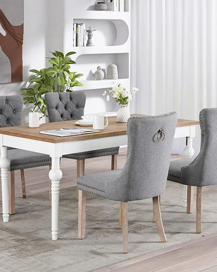SoarFlash Linen Fabric Dining Chair Set of 4, Upholstered Tufted Dining Room Chair with Nailhead Trim, Solid Light Color Wood Leg for Kitchen (Smoky Gray)
