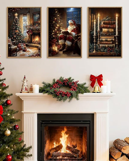 Christmas Wall Art 16x24 Inches Vintage Santa Claus Paintings Framed Christmas Winter Holiday Artwork Set of 3 for Living Room Bedroom