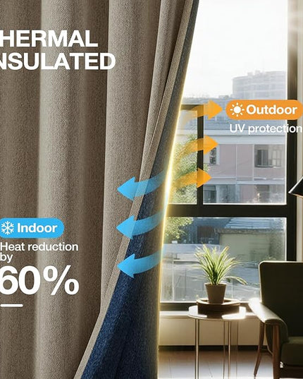 100% Blackout Extra Long Curtains 120 inch Length 2 Panels for Living Room, Linen-Look Textured Room Darkening Thermal Insulated Noise Reduction Drapes for Bedroom (W52xL120, Taupe)
