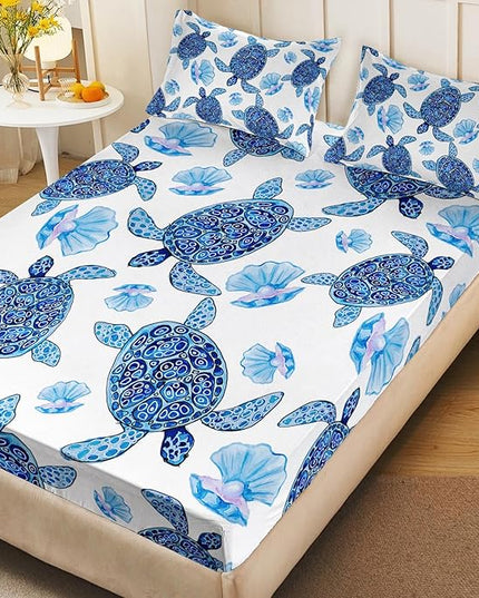 AILONEN Sea Turtle Fitted Sheet Set Twin XL Size, Blue Watercolour Turtle Soft Bedding Set for Kids Boys Room,Seashell Pearl Resistant Microfiber Sheets,1 Fitted Sheet 2 Pillowcases,3 Pcs