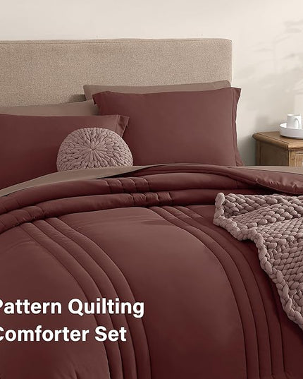 Monbix King Size Comforter Set - 7 Pieces Bed in a Bag King, Dark Red Bedding Sets with Comforter, All Seasons Down Alternative Comforter Bed Set with Sheets, Pillowcases & Shams