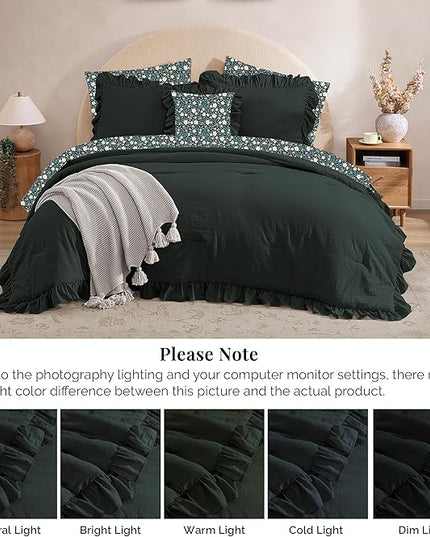 King Comforter Set - 7 Pieces Ruffle Forest Green Bedding Sets, Shabby Chic Farmhouse Bed in a Bag with Ruffle Comforter, Floral Sheets, Pillowcases & Shams