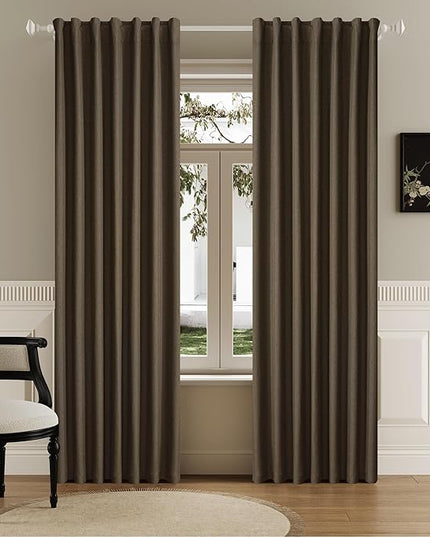 DUALIFE 100% Blackout Linen Brown Curtains 84 Inch for Living Room Darkening, Bedroom Linen Drapes 84 Inches Long Rod Pocket/Back Tab Heat Blocking Bohemian Pleated Window Curtain(50"x84"x2)