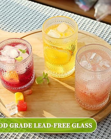 Hobnail Drinking Glasses Set of 8, 10 Oz Kitchen Water Glasses Cup & 12 Oz Vintage Cocktail Glasses Drinkware Set for Whisky, Juice, Wine, Milk