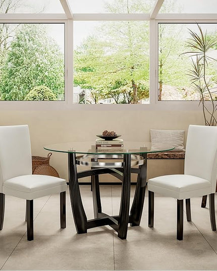 PADMA HOUSE Round Glass Dining Table Set for 4, 45in Modern Kitchen Small Wood Dinner Table with 4 Parsons Leather Dining Chairs 5 Piece Dining Room Table Chair Set,Clear&Ivory