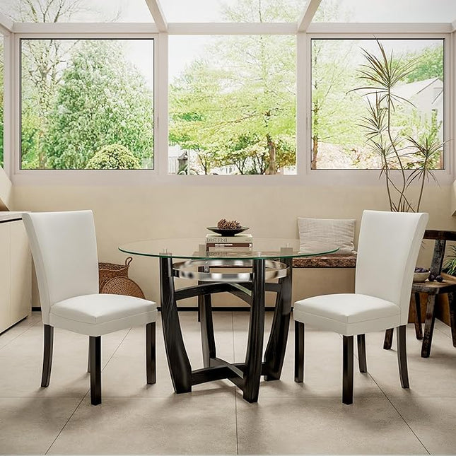 PADMA HOUSE Round Glass Dining Table Set for 4, 45in Modern Kitchen Small Wood Dinner Table with 4 Parsons Leather Dining Chairs 5 Piece Dining Room Table Chair Set,Clear&Ivory