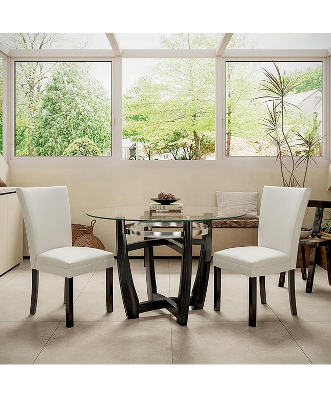 PADMA HOUSE Round Glass Dining Table Set for 2, 45in Modern Kitchen Small Wood Dinner Table with 2 Parsons Leather Dining Chairs 3 Piece Dining Room Table Chair Set,Clear&Ivory