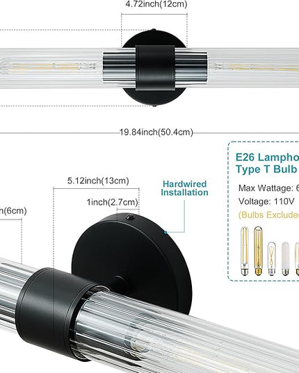 Bathroom Vanity Light Fixtures, Black Wall Sconces in Threaded Glass, Modern Wall Light for Bathroom Living Room Bedroom, Hallway - Bulb Not Included