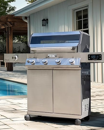 Monument Grills Denali 405 4-Burner Liquid Propane Gas Smart BBQ Grill Stainless Steel with BBQ Cover(2 items)
