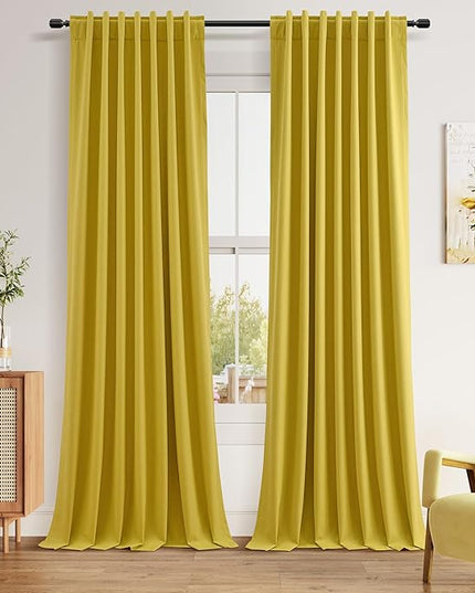 Guken 100% Blackout Curtains 108 Inch Length 2 Panels Set for Living Room Bedroom Back Tab Thermal Insulated Black Out Linen Drapes Room Darkening Celery Yellow,52x108