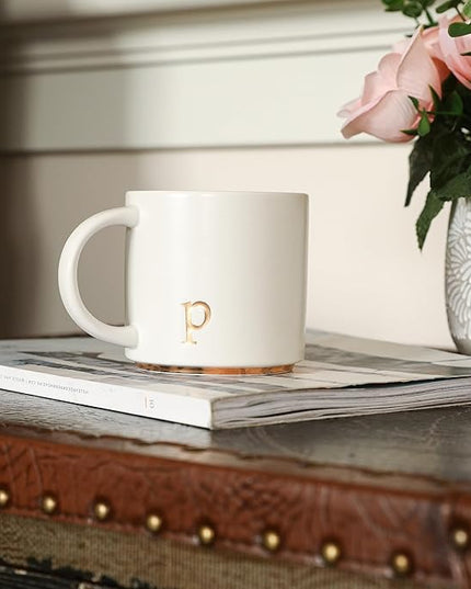 COLLECTIVE HOME - Monogram Ceramic Mugs, 15 oz Golden Initial Coffee Cups, Elegant Alphabet Tea Mugs, Elegant Personalized Mug with Gift Box, Luxurious Cups for Office and Home (p)